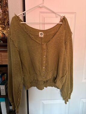 We The Free Distressed Olive Crop Button Top